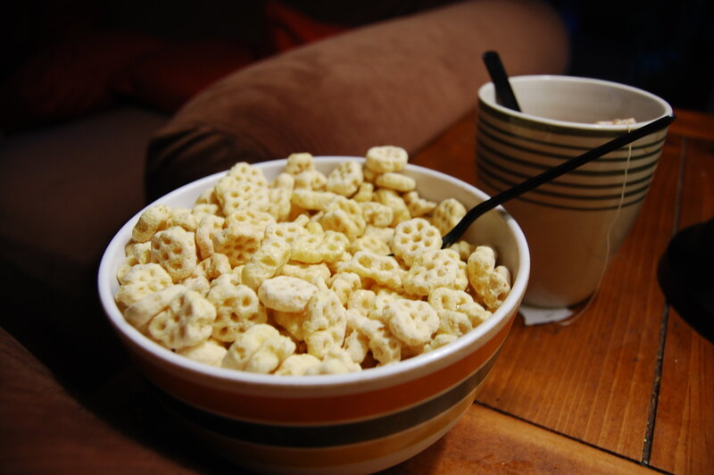 cereal and tea on a table