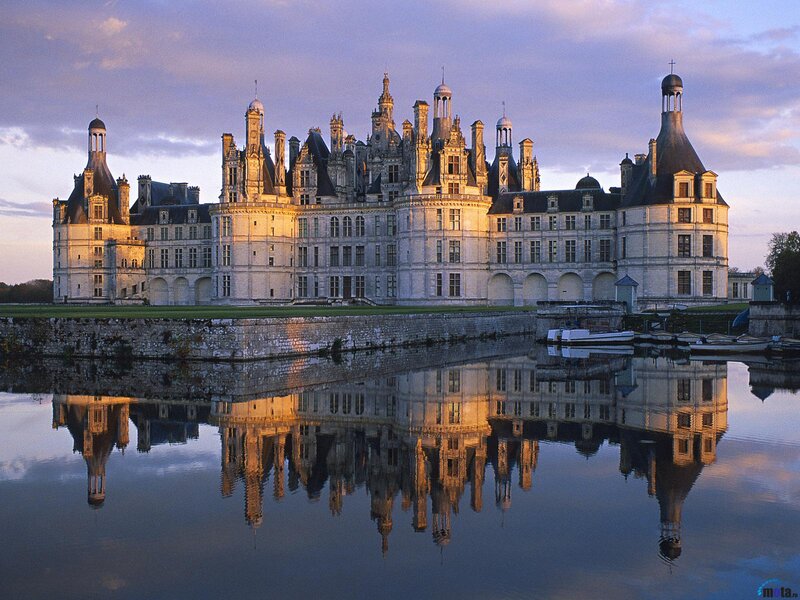 Château De Chambord — Blue, Serene, Sunset, Photograph, Castle, River