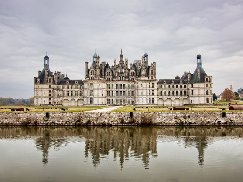 Château De Chambord — Gray, Serene, Autumn, Photograph, River, Sky