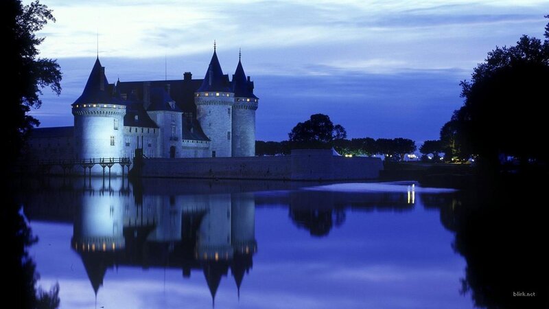 Château De Chaumont — Blue, Serene, Night, Photograph, Castle, Moat