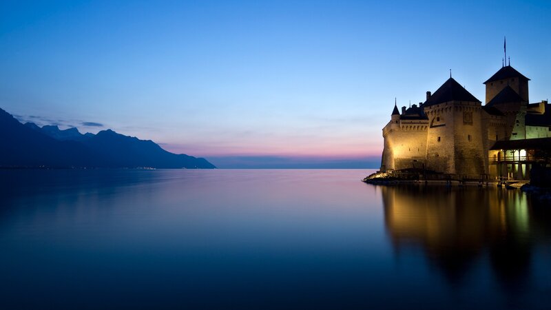 Château De Chillon at Dusk — Blue, Serene, Sunset