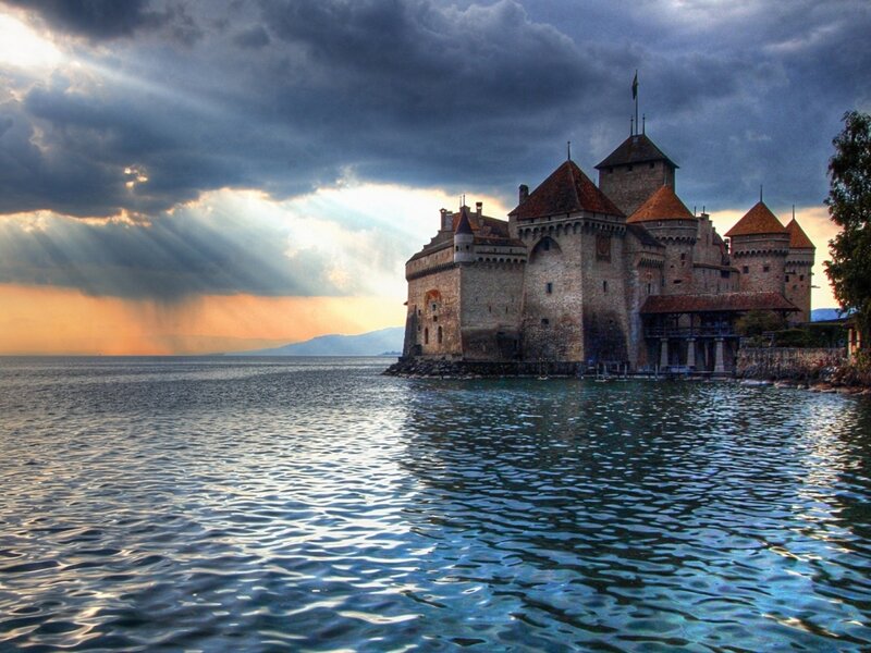 Château De Chillon — Blue, Dramatic, Sunset, Photograph, Castle, Lake, Clouds