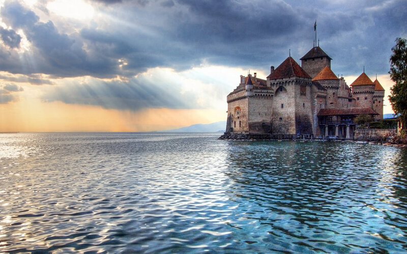 Château De Chillon — Blue, Dramatic, Sunset, Photograph, Castle, Lake