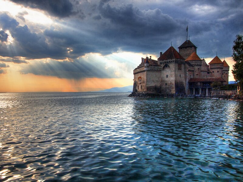 Château De Chillon — Blue, Dramatic, Sunset, Photograph, Castle