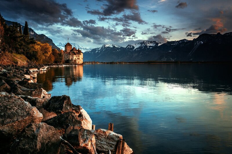 Château De Chillon — Blue, Dramatic, Sunset, Photograph, Lake