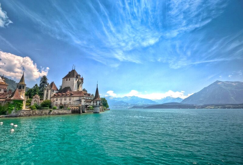 Château De Chillon — Blue, Serene, Afternoon, Photograph, Lake, Mountains, Castle