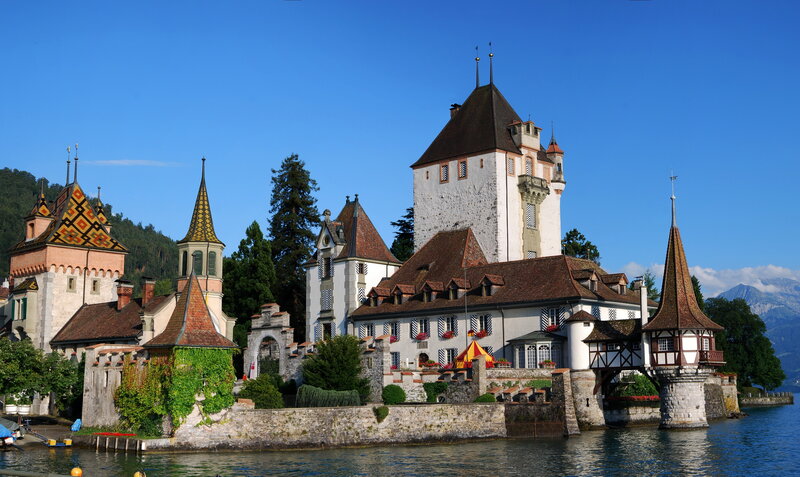 Château De Chillon — Blue, Serene, Afternoon, Photograph, Lake, Mountains, Trees, Bridge