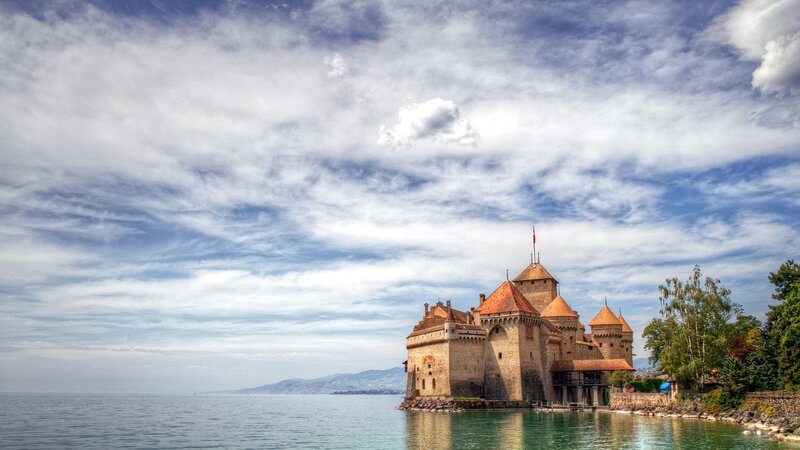 Château De Chillon — Blue, Serene, Afternoon, Photograph, Lake, Mountains, Trees