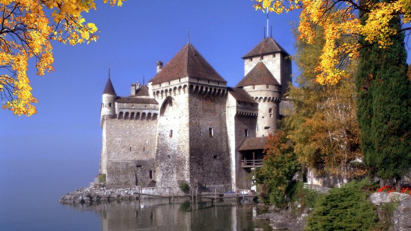 Château De Chillon — Blue, Serene, Autumn, Photograph, Castle, Lake