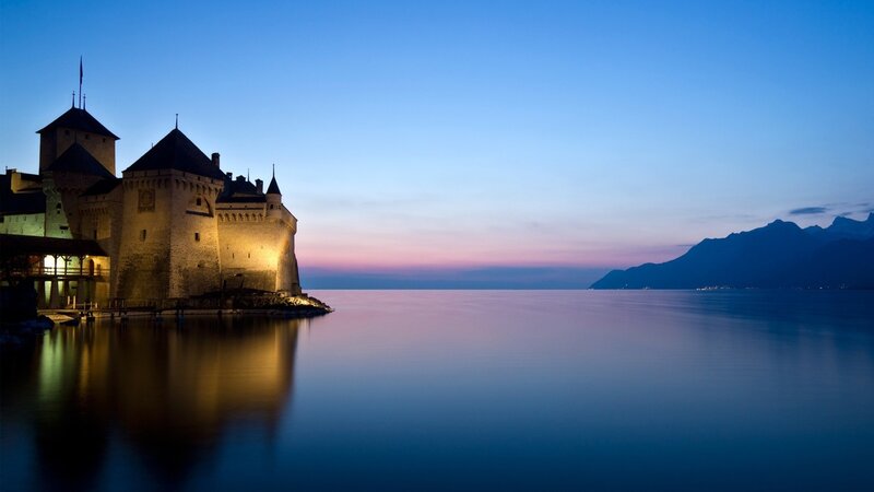 Château De Chillon — Blue, Serene, Sunset, Photograph, Castle, Lake, Mountains