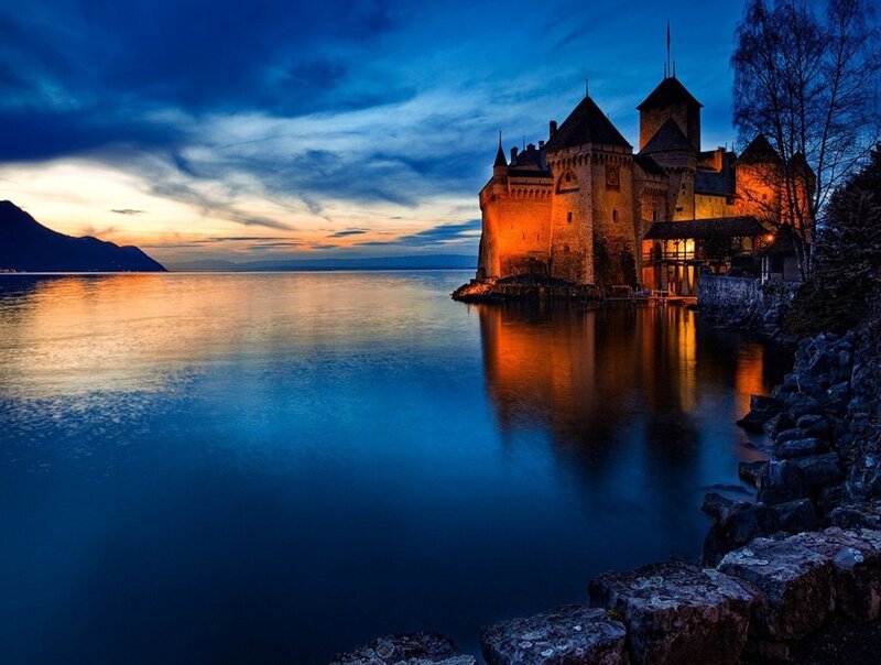 Château De Chillon — Blue, Serene, Sunset, Photograph, Castle, Lake