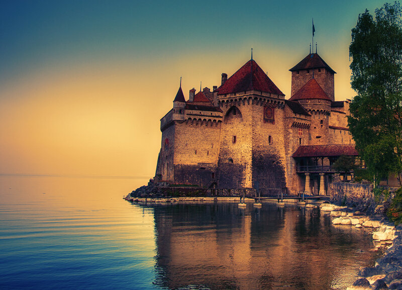 Château De Chillon — Blue, Serene, Sunset, Photograph, Castle, Lake, Tree