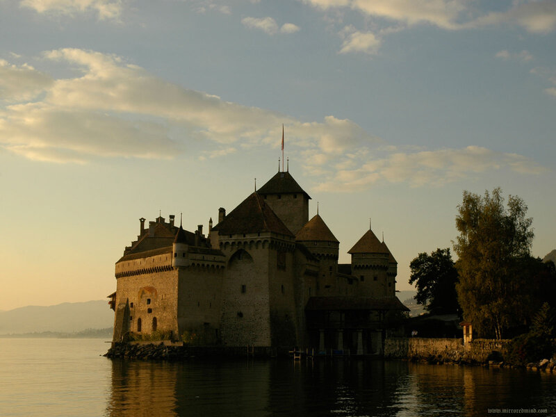 Château De Chillon — Blue, Serene, Sunset, Photograph, Castle, Lake, Trees, Mountains