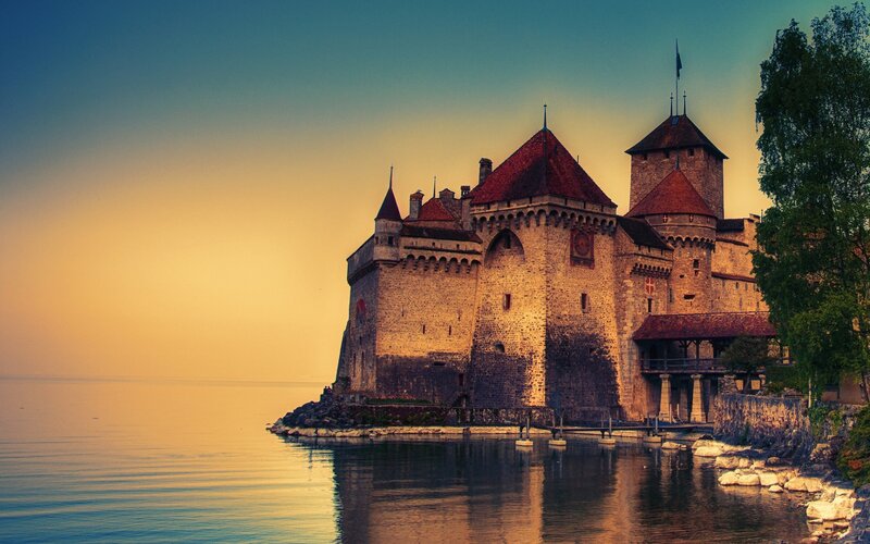 Château De Chillon — Blue, Serene, Sunset, Photograph, Castle, Lake, Trees