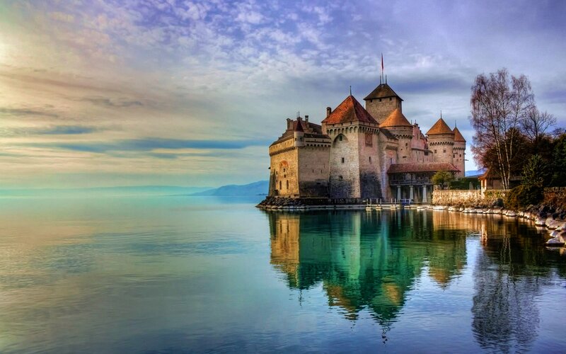 Château De Chillon — Blue, Serene, Sunset, Photograph, Lake, Castle