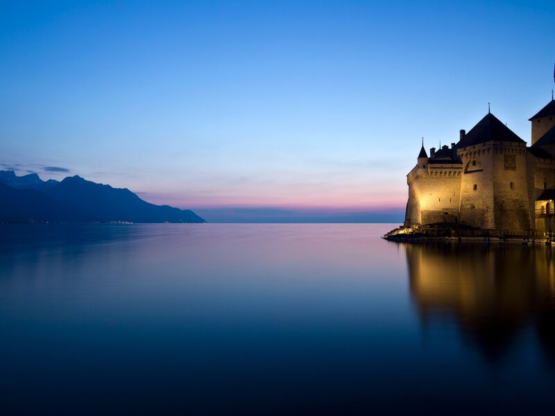 Château De Chillon — Blue, Serene, Sunset, Photograph, Lake, Mountains, Castle