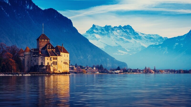 Château De Chillon — Blue, Serene, Sunset, Photograph, Lake, Mountains