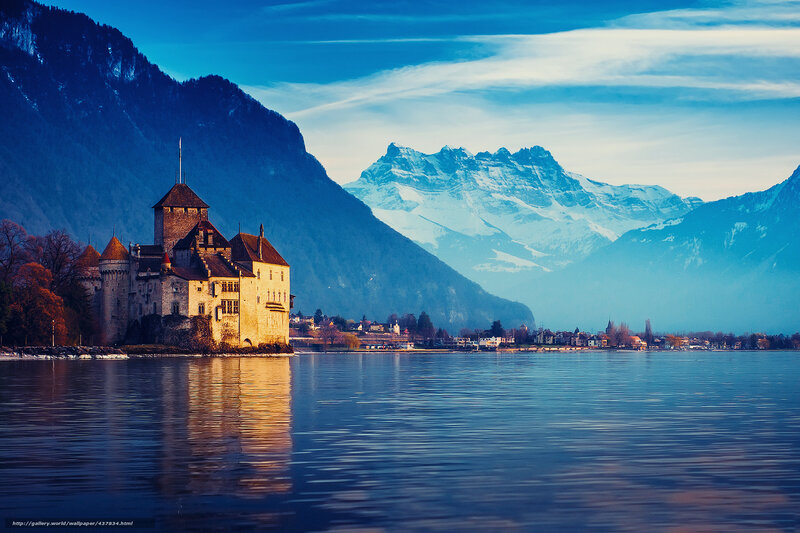 Château De Chillon — Blue, Serene, Sunset, Photograph, Lake, Mountains, Town