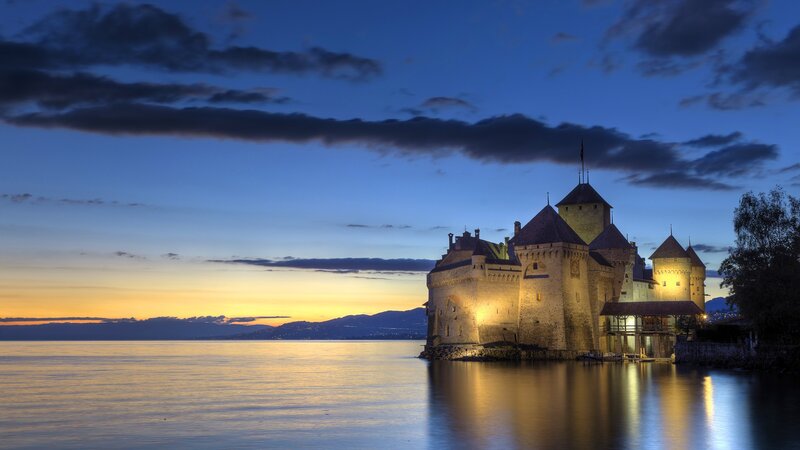 Château De Chillon — Blue, Serene, Sunset, Photograph, Lake, Mountains, Trees