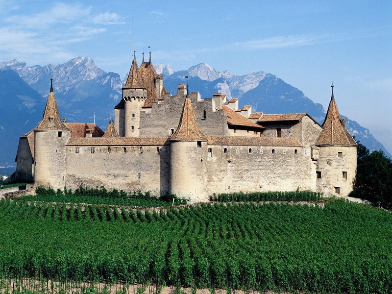 Château de Chillon with mountains