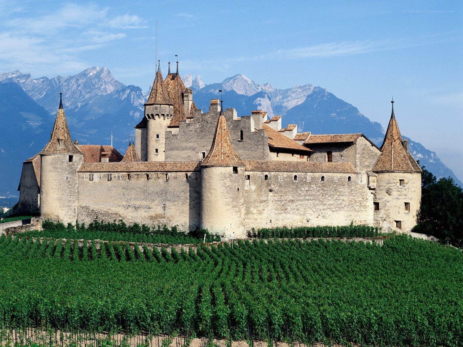 Château de Chillon with mountains