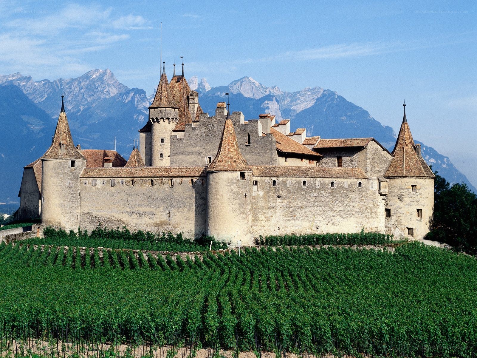 Château de Chillon with mountains