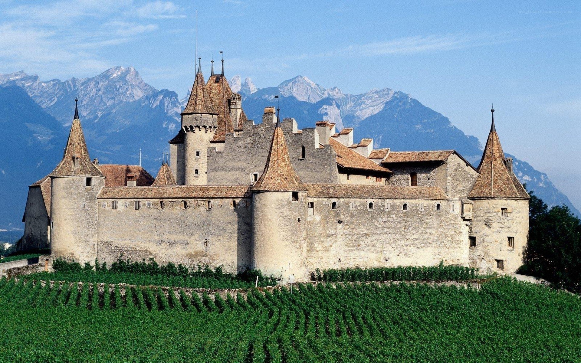 Château de Chillon with mountains