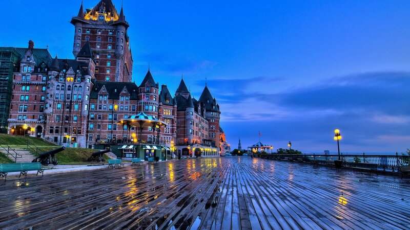 Château Frontenac at Dusk — Blue, Serene, Night, Photograph, Boardwalk