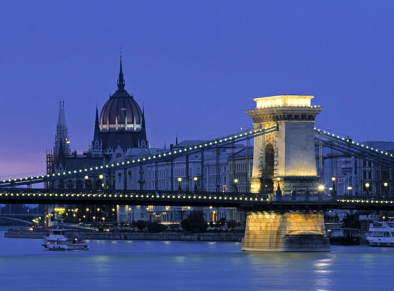 Chain Bridge at Dusk — Blue, Serene, Night, Photograph, Parliament Building