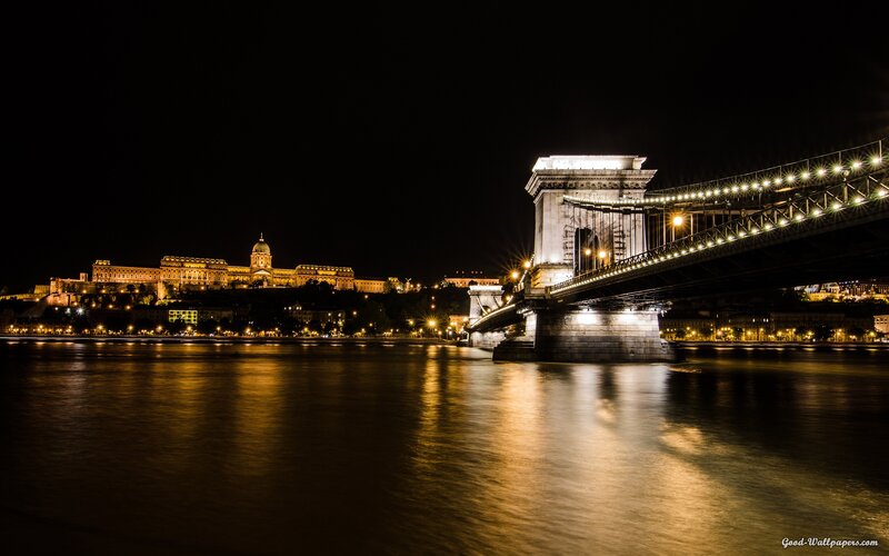Chain Bridge at Night — Black, Serene, Photograph, River, Castle