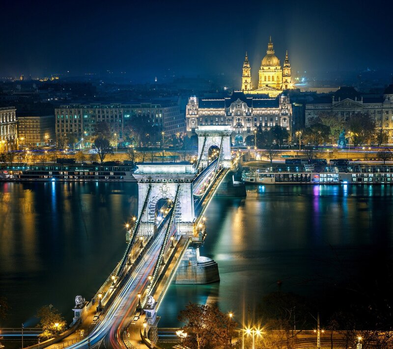 Chain Bridge at Night — Blue, Dramatic, Photograph, River, Cathedral, Buildings