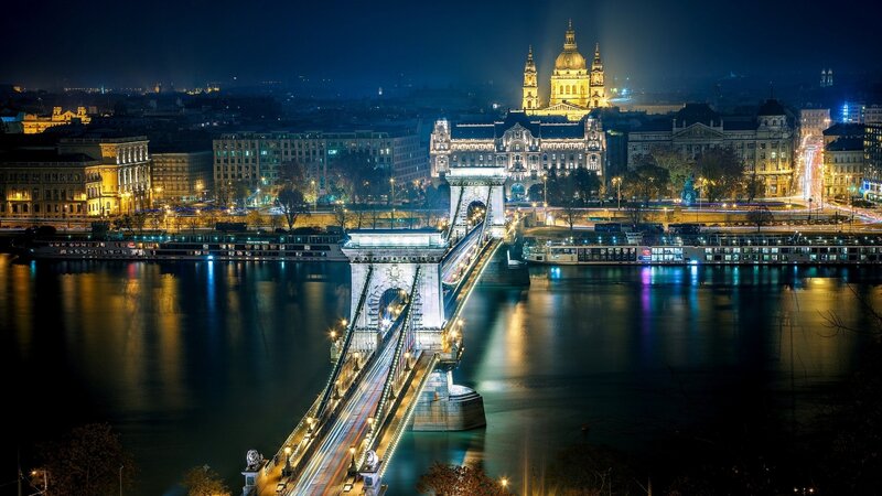 Chain Bridge at Night — Blue, Dramatic, Photograph, River, Cathedral