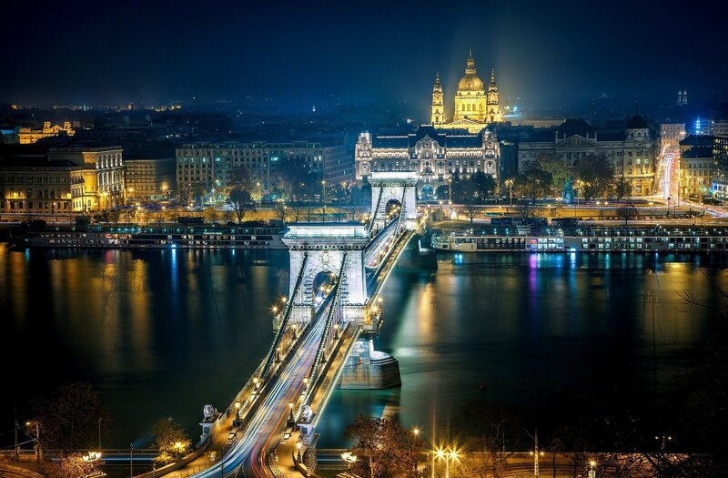Chain Bridge at Night — Blue, Dramatic, Photograph, River, Cityscape