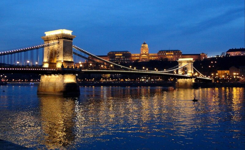 Chain Bridge at Night — Blue, Serene, Photograph, River, Castle, City Lights
