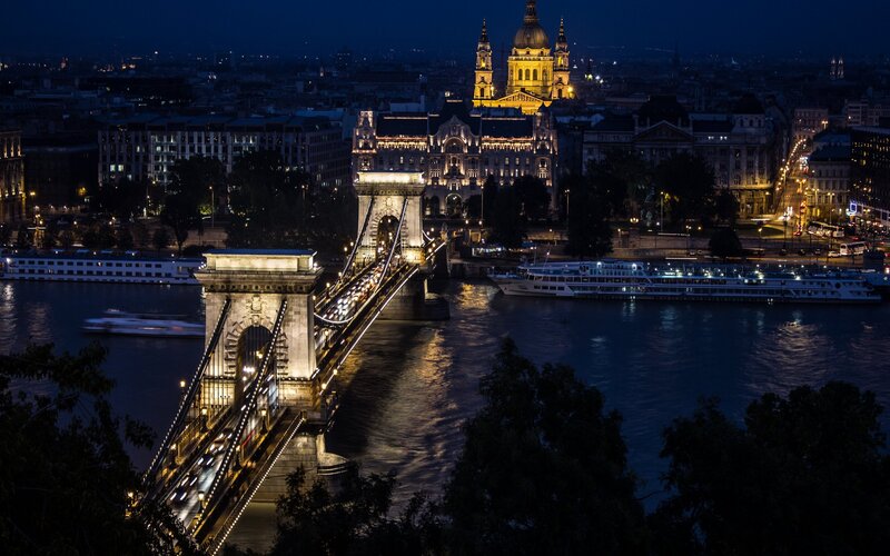 Chain Bridge at Night — Blue, Serene, Photograph, River