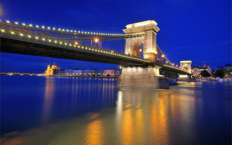 Chain Bridge at Night — Blue, Serene, Photograph