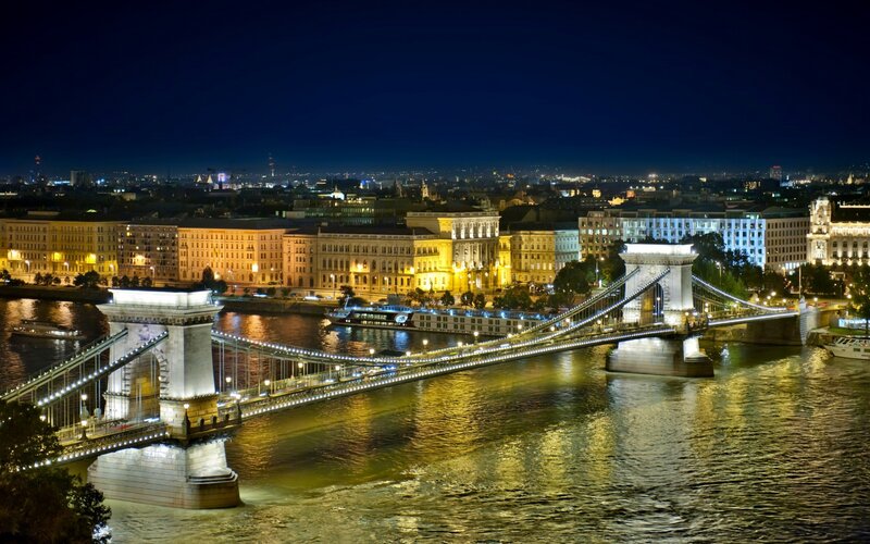 Chain Bridge at Night — Yellow, Serene, Photograph