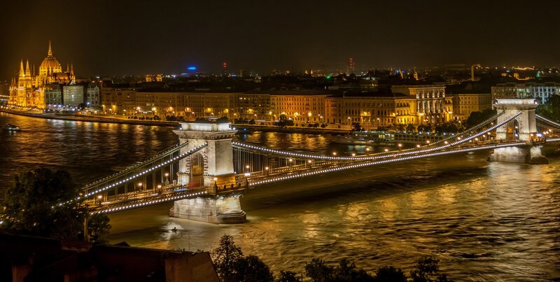 Chain Bridge at Night — Yellow, Serene