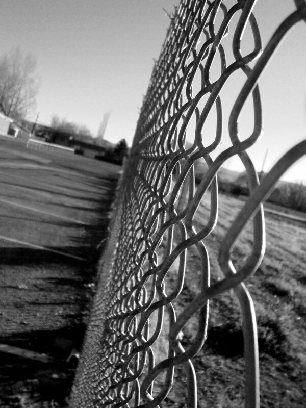 chain-link fence in black and white