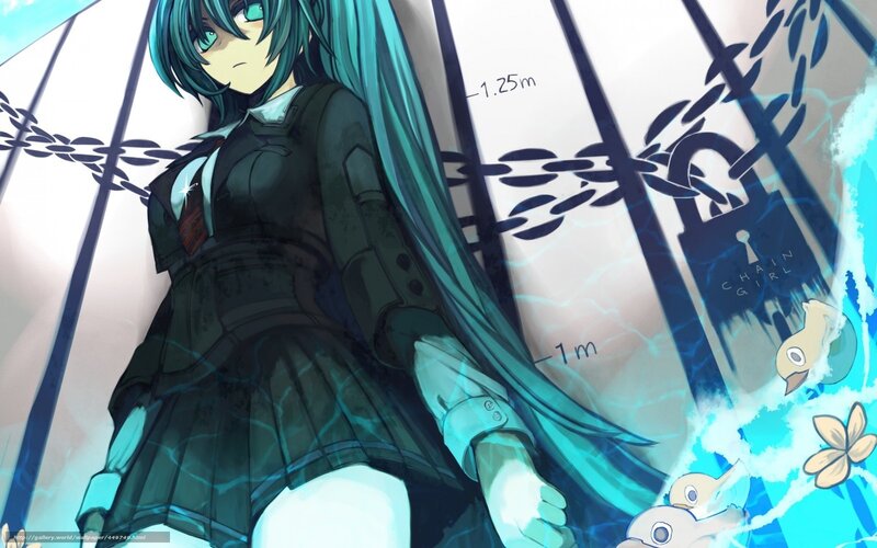 Chained anime girl with teal hair