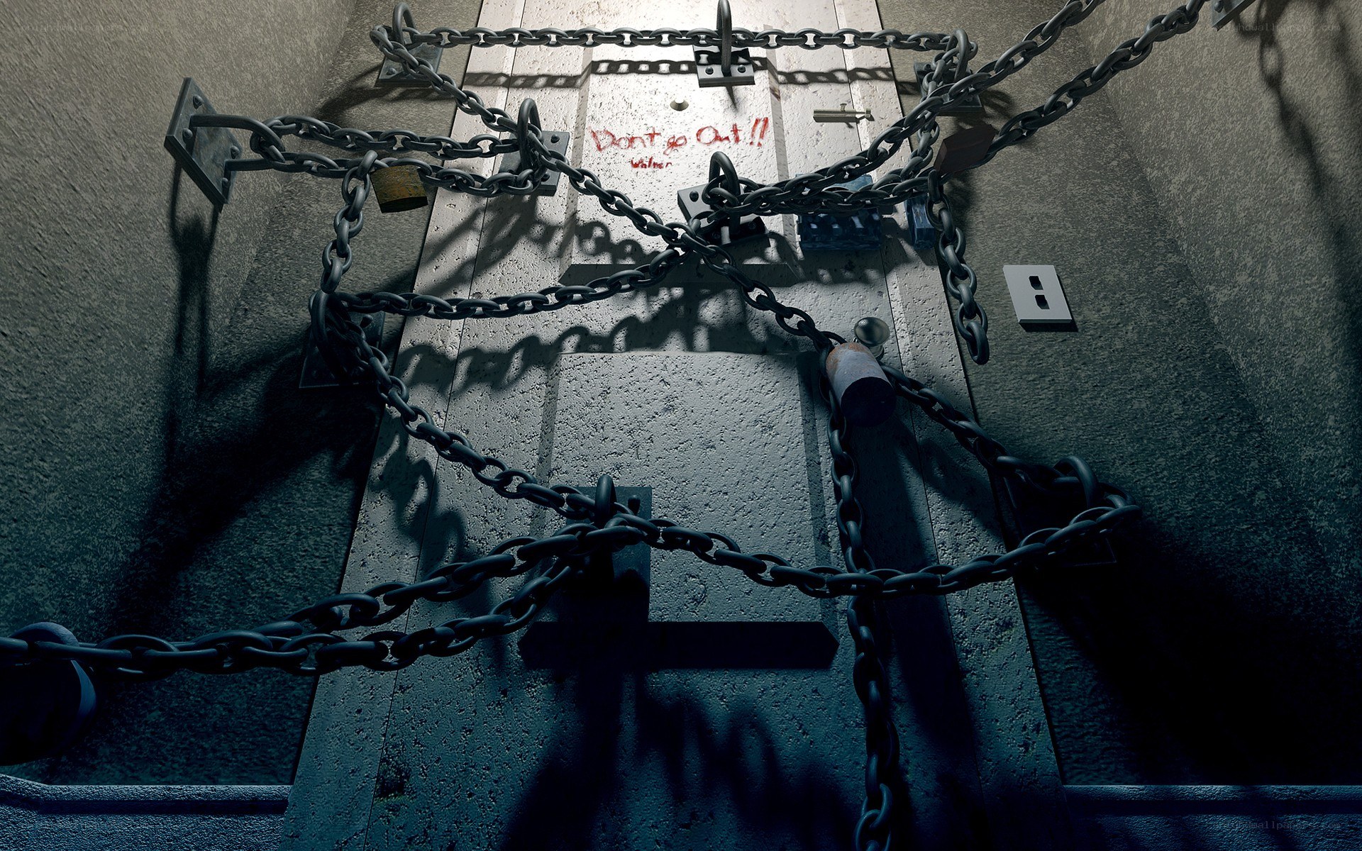 Chained door with warning graffiti
