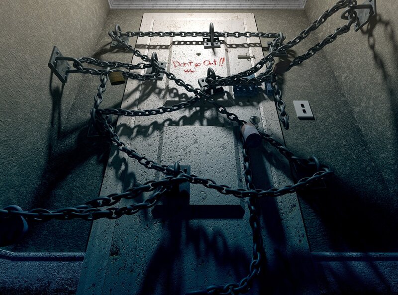 Chained door with warning