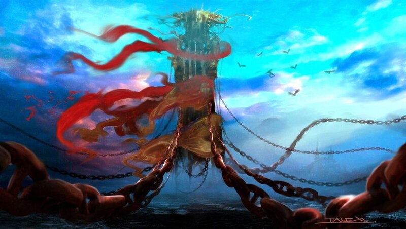 Chained figure in a stormy sky