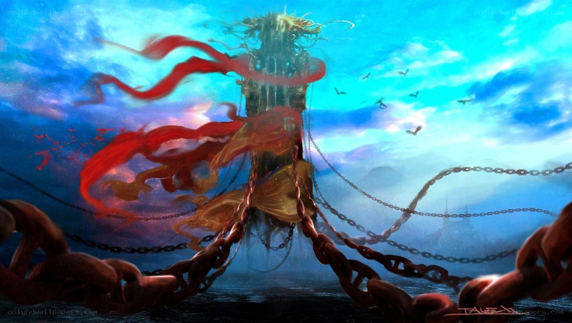 Chained figure in a stormy sky