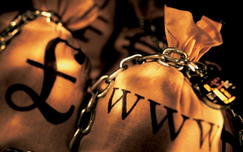 Chained money bags with symbols