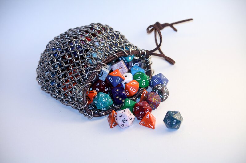 chainmail dice bag with polyhedral dice
