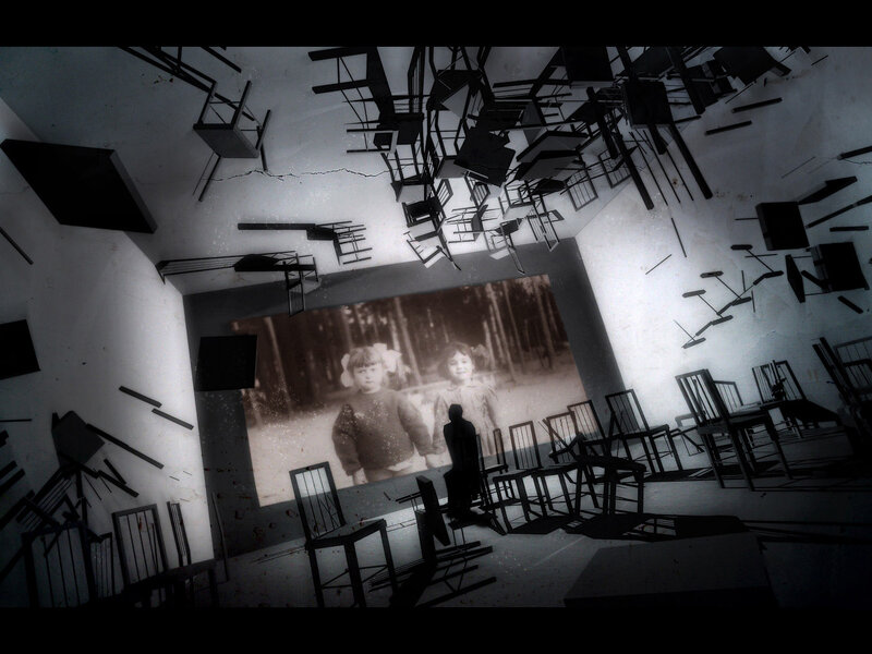 Chairs floating in a dark room