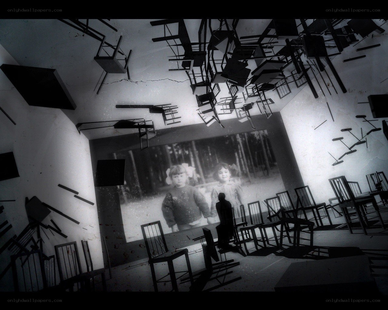 Chairs floating in a dark room