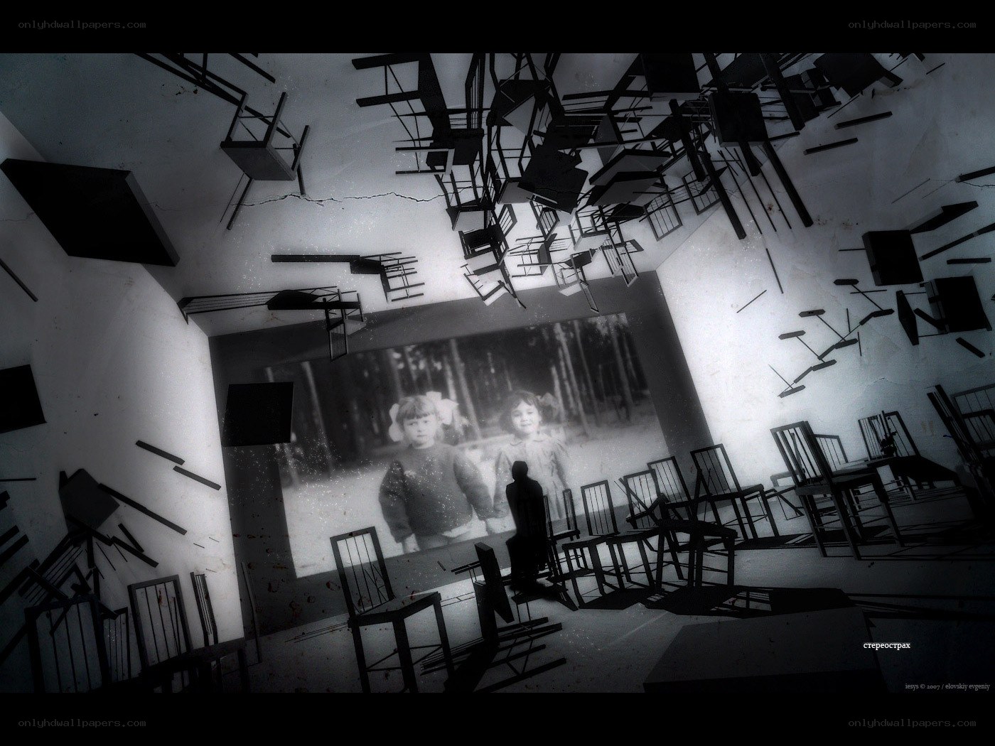 Chairs floating in a room