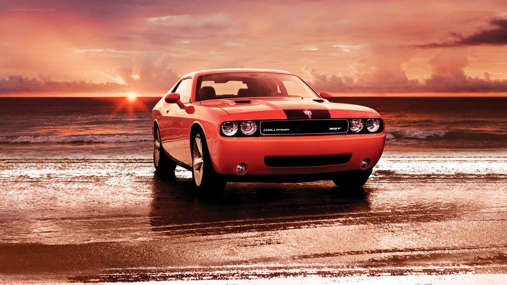 Challenger SRT on beach at sunset